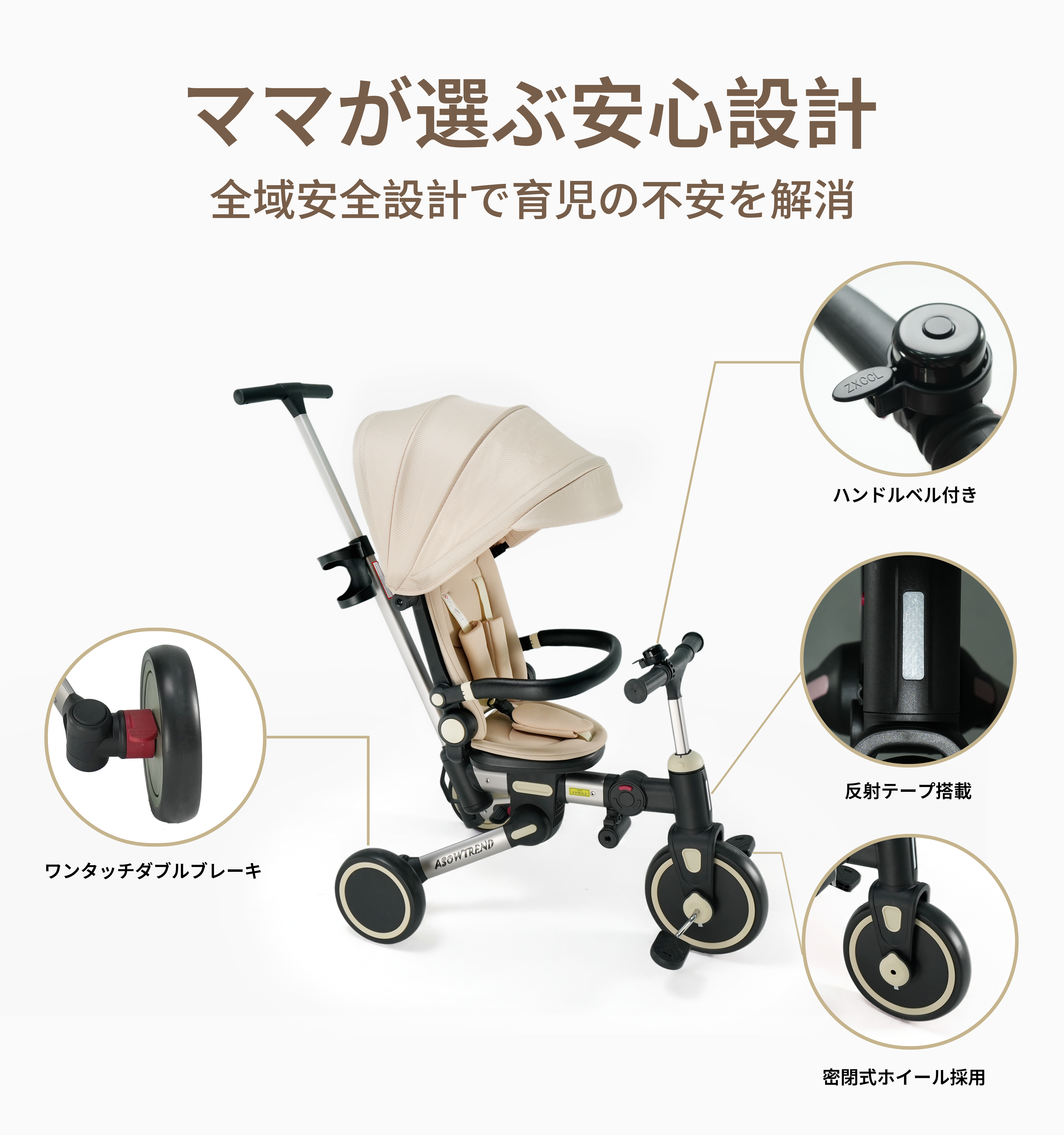 ベージュ キャノピー付き 三輪車 別アングル