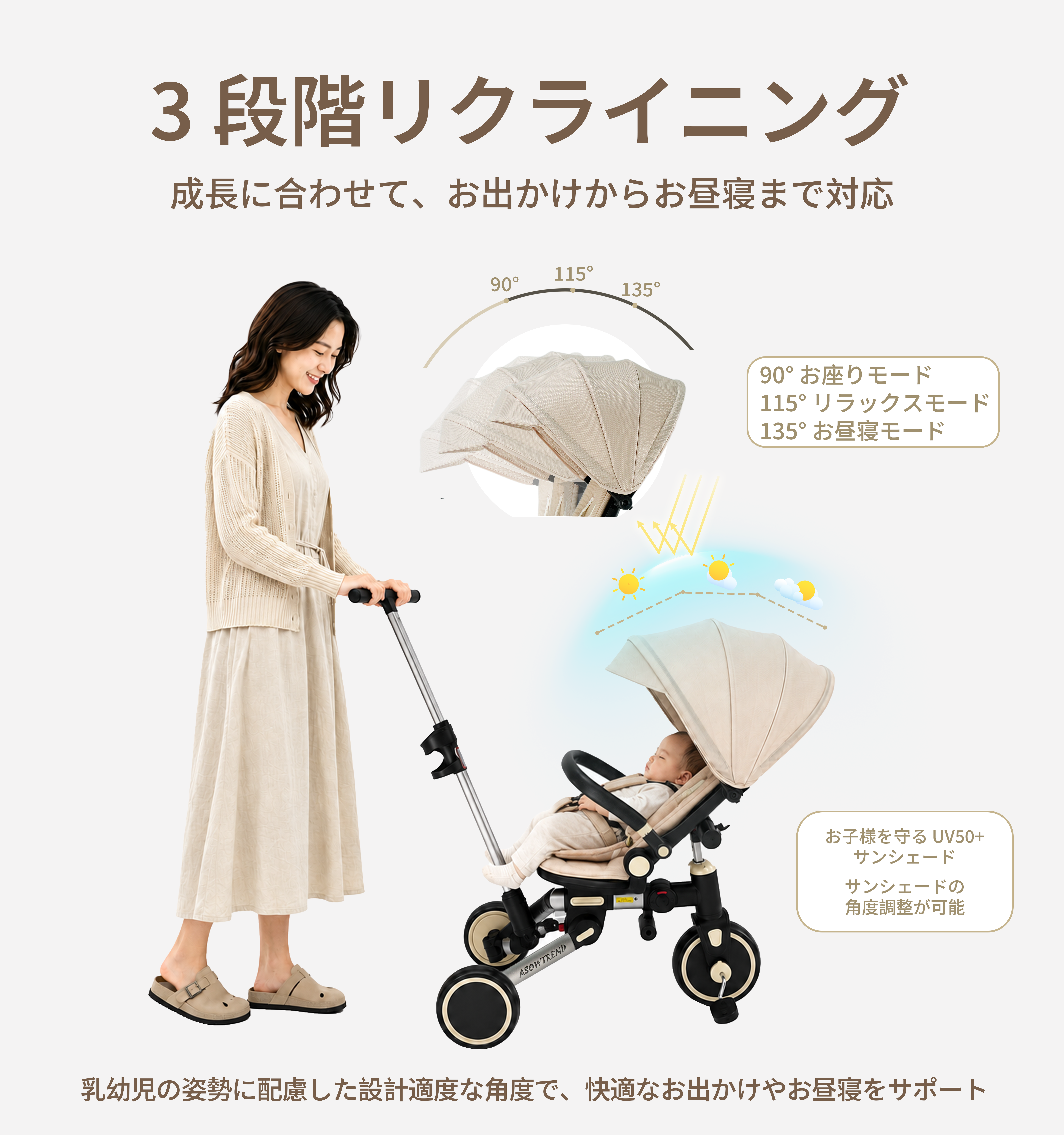 ベージュ キャノピー付き 三輪車 別アングル