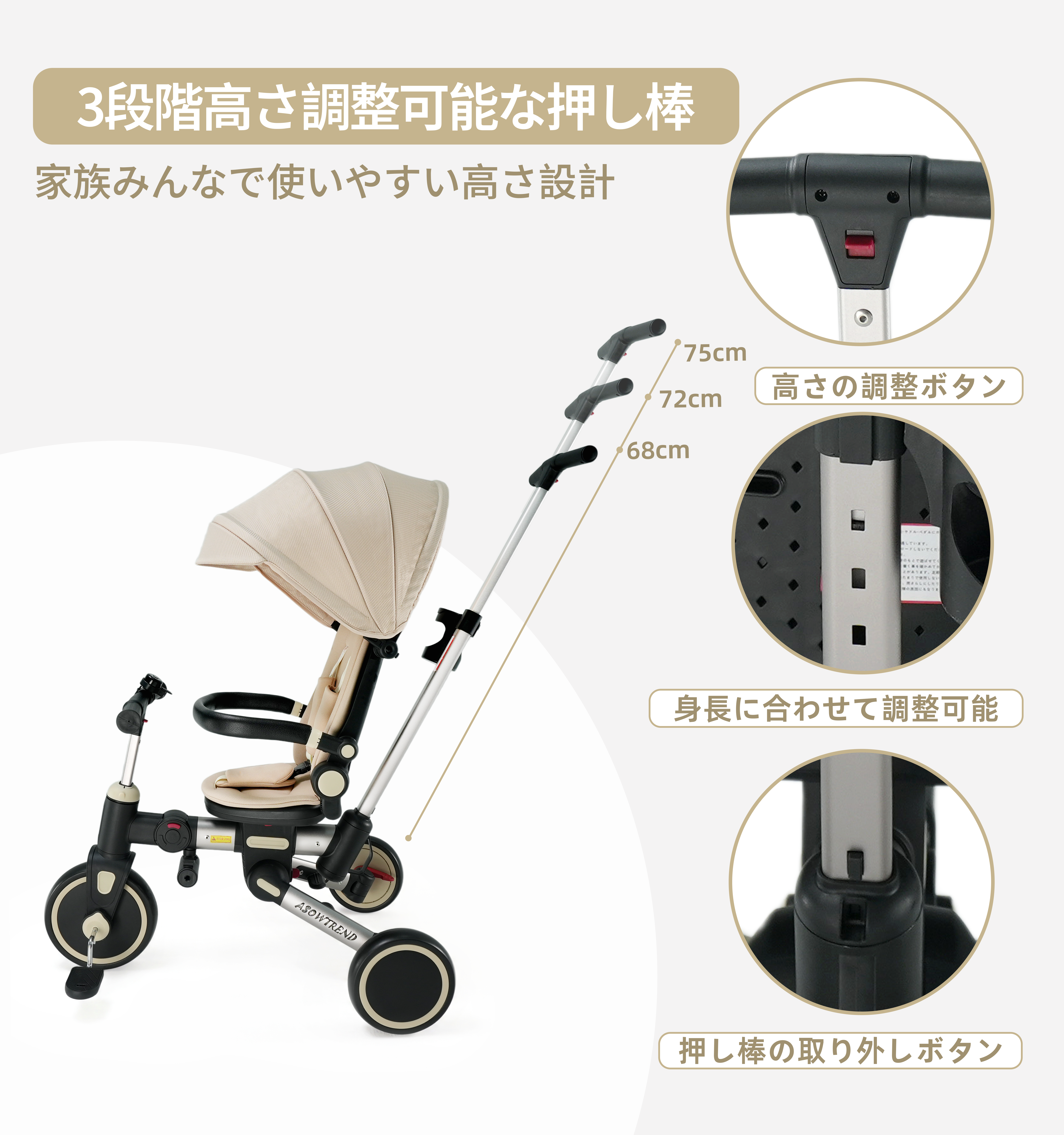 ベージュ キャノピー付き 三輪車 別アングル